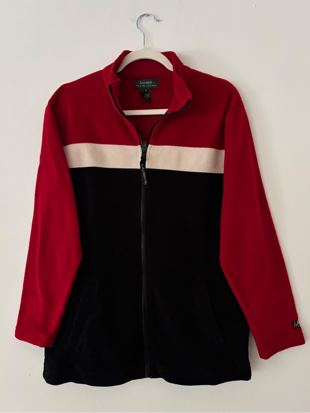Vintage Lauren Ralph Lauren Fleece Jacket Womens S Red Black Colorblock Full Zip